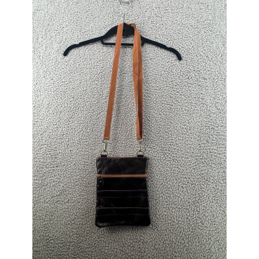 JEANS Brown Leather Crossbody Bag With Orange Zipper